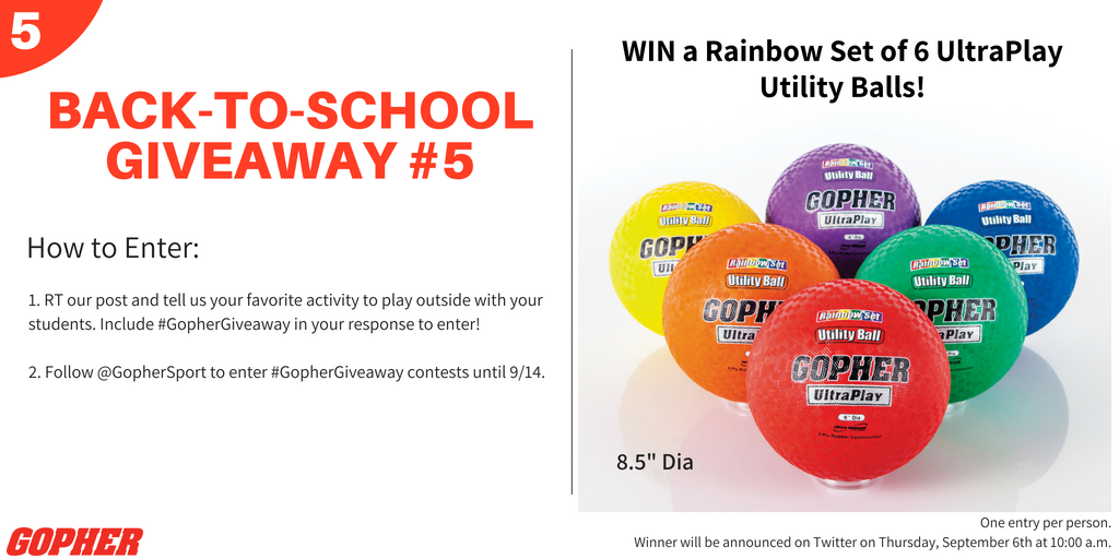 GopherSport's tweet photo. #GopherGiveaway! Win a rainbow a set of 6 UltraPlay Utility Balls! Simply re-tweet this post with #GopherGiveaway and tell us your favorite #PhysEd activity to play outside with your students! #ElemPE #EdChat #PETeacher https://t.co/qIHzT96FSR