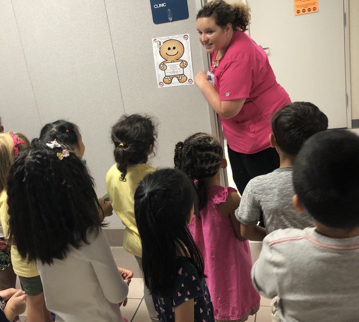 Kindergarten went looking for the gingerbread man. He was loose in our school. We stopped to ask Nurse Compton if we had seen him! 😊#gleasonproud #welovekindergarten