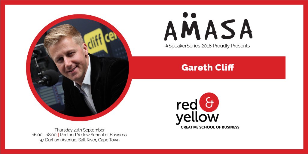 AMASACapeTown's tweet image. Join AMASA #SpeakerSeries this Sept where Gareth Cliff shares the behind the scenes of founding CliffCentral.com, while discussing the importance of new media platforms and how these can prosper with traditional platforms. Book your FREE seat now: qkt.io/yS3y2e