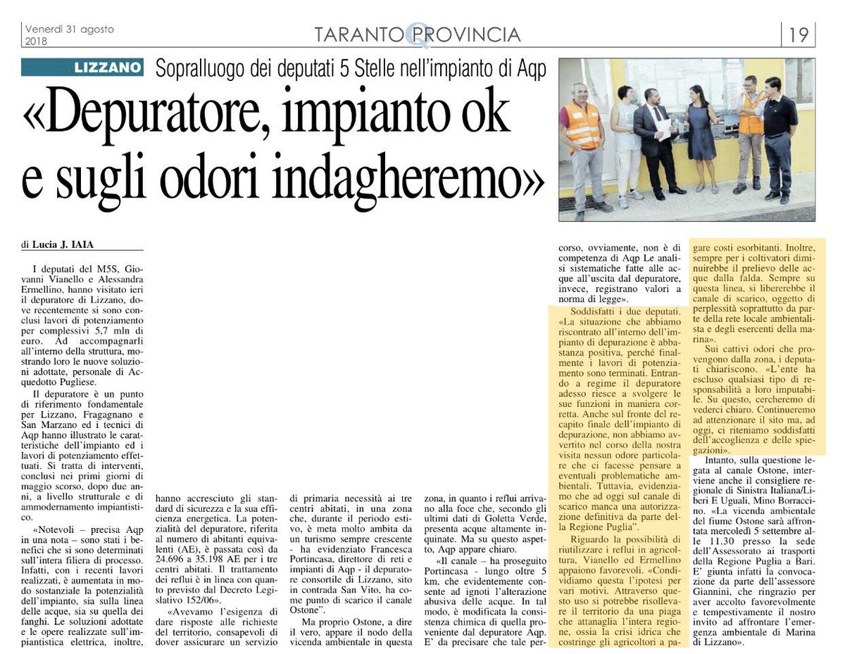 Oggi sui giornali locali è stato dato ampio spazio ad alcune iniziative sul territorio. Su discarica Li Cicci abbiamo presentato con Anna Macina @AntoLari1986 e @MarcoGalanteM5S esposto alla Procura mentre con @AErmellino siamo stati al depuratore di Lizzano #rassegnastampa