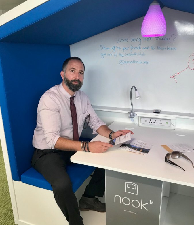 WhistleTaylor's tweet photo. @nook_pod @growthhubciren @RoyalAgUni Our Company Director trying out the Nook Pod @growthhubciren Lovely piece of design. Great space to work #agritech #collaboration #innovation @RoyalAgUni #eventprofs #conference 
#interiordesignuk https://t.co/UMrMjIhpaA