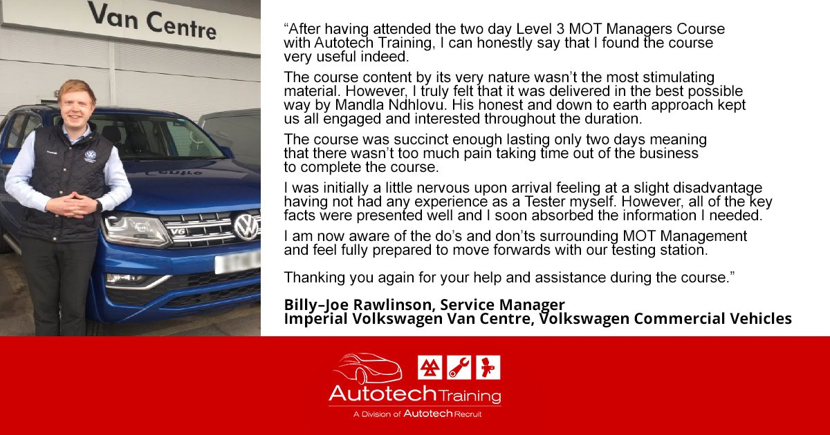 autotechrecruit's tweet photo. Our MOT Manager Training receives another glowing feedback! If you too would like to gain this valuable qualification, the next course you can attend is on 18-19 September 2018. To book your place today visit: https://t.co/QAZhWqr6tk

#MOT #MOTManagerTraining #feedback #upskill https://t.co/RncT3WQ9ZG