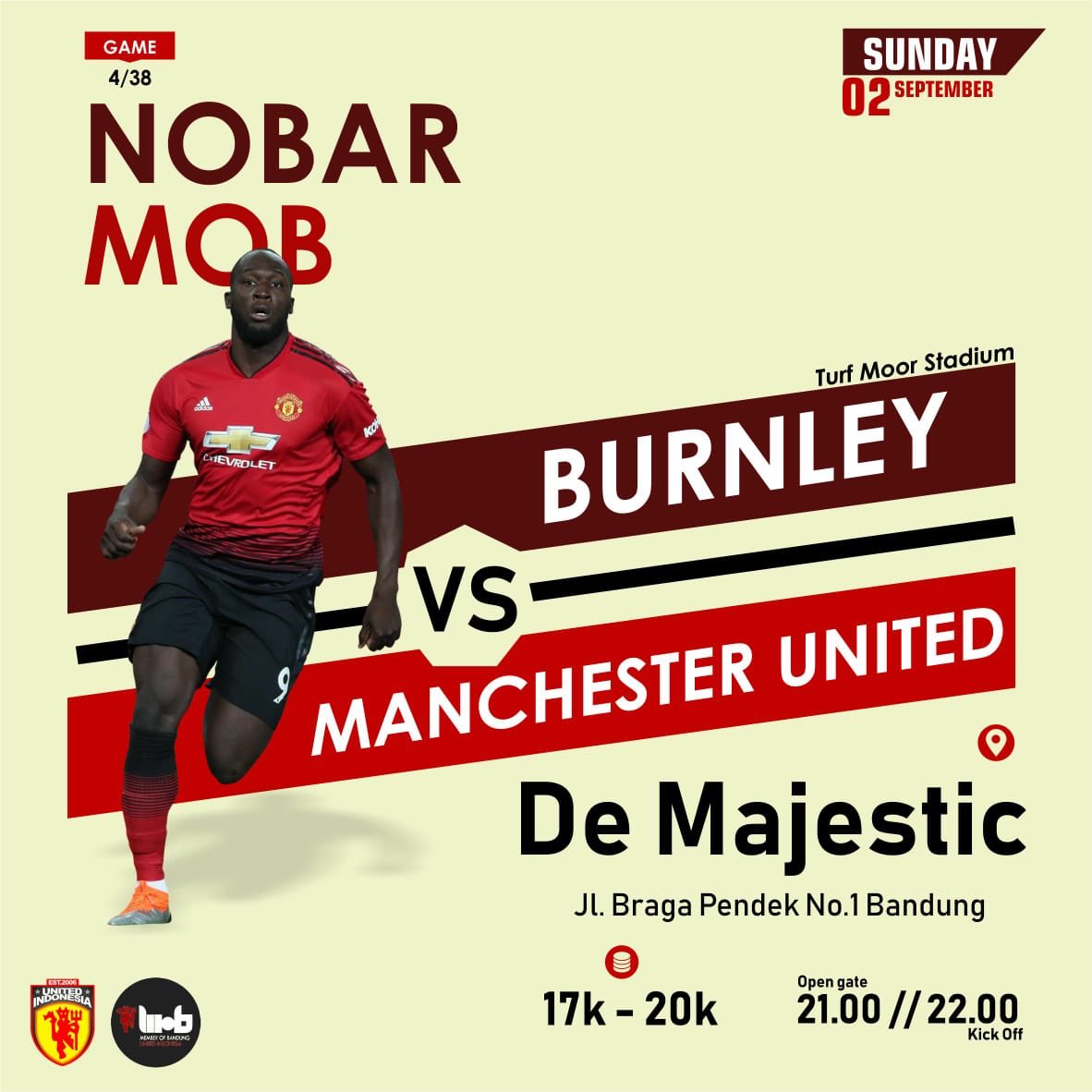 UtdIndonesiaBDG's tweet photo. #NobarMoB Premier League GW4 | Burnley vs #MUFC | Sunday, Sept 02 2018 @ demajestic Jl.Braga Pendek No.1 Bandung | Open Gate 21.00 - Kick Off 22.00 | FDC Member IDR 17k - Non Member IDR 20k | Join us and make some noise!!! β‘οΈπ₯β‘οΈ https://t.co/kyYukBnS1y
