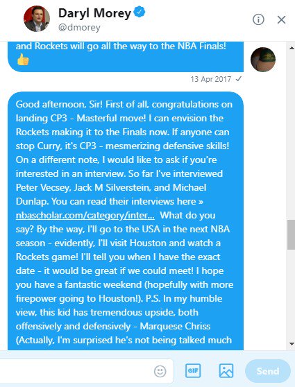 NBA_Scholar's tweet image. I must say, @dmorey » you owe me now. @quese has a lot of untapped potential! 

I&apos;ll accept you following me again and a refreshment at a @HoustonRockets game - it&apos;s all good. Enjoy your day, Sir.

#ScoutingTips
#OnTheCheap
#FreebiesFromTheScholar
#Rockets