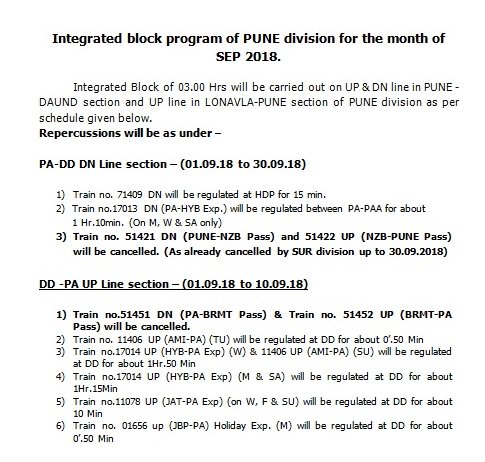 <a href="/RailwaySeva/">RailwaySeva</a> <a href="/RailMinIndia/">Ministry of Railways</a> <a href="/Central_Railway/">Central Railway</a>  Integrated block program of PUNE division for the month of SEP 2018.   Repercussion on train movement would be as attached. Inconvenience caused is deeply regretted.