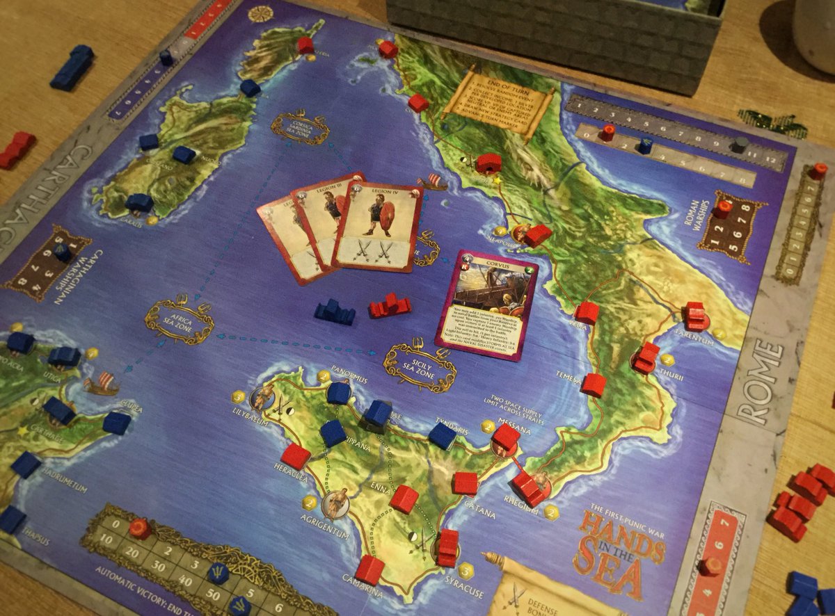 BoardExplored's tweet photo. 3x the expensively assembled #Roman fleet is defeated by the smaller Carthaginian navy. 
Enraged by naval shortcomings; planks are strapped, legions packed, and Rome’s furious crows feast on their salty enemies to end the #FirstPunicWar
#HandsInTheSea @knightworks https://t.co/WuTXjALBR3