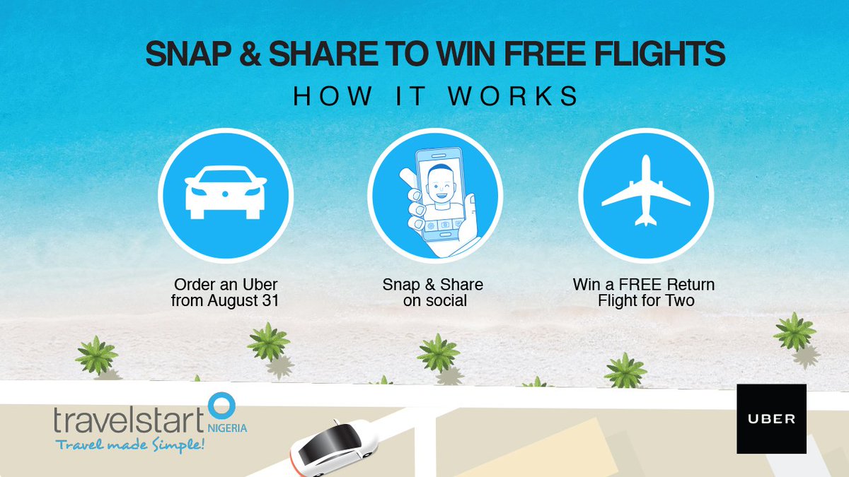 TravelstartNG's tweet photo. In partnership with @UberNigeria, WIN TWO FREE FLIGHTS to your dream destination for you & a friend! Just order an Uber, follow the simple instructions in the car, use the hashtags #UberEscape #PoweredByTravelstart & you could be the WINNER! Enter today: https://t.co/M6K2Ymm9mN https://t.co/6jSyeNhuIs