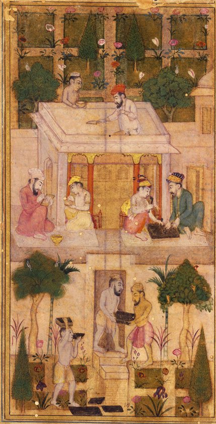 mukhoty's tweet photo. The painstaking n elaborate business of book-making in the 17th c, Deccan. 
Top floor-paper pulp spread to dry
Below that, calligraphy n illustration
Finally the distribution of completed manuscript- the David Collection https://t.co/fqR2ZyzldA