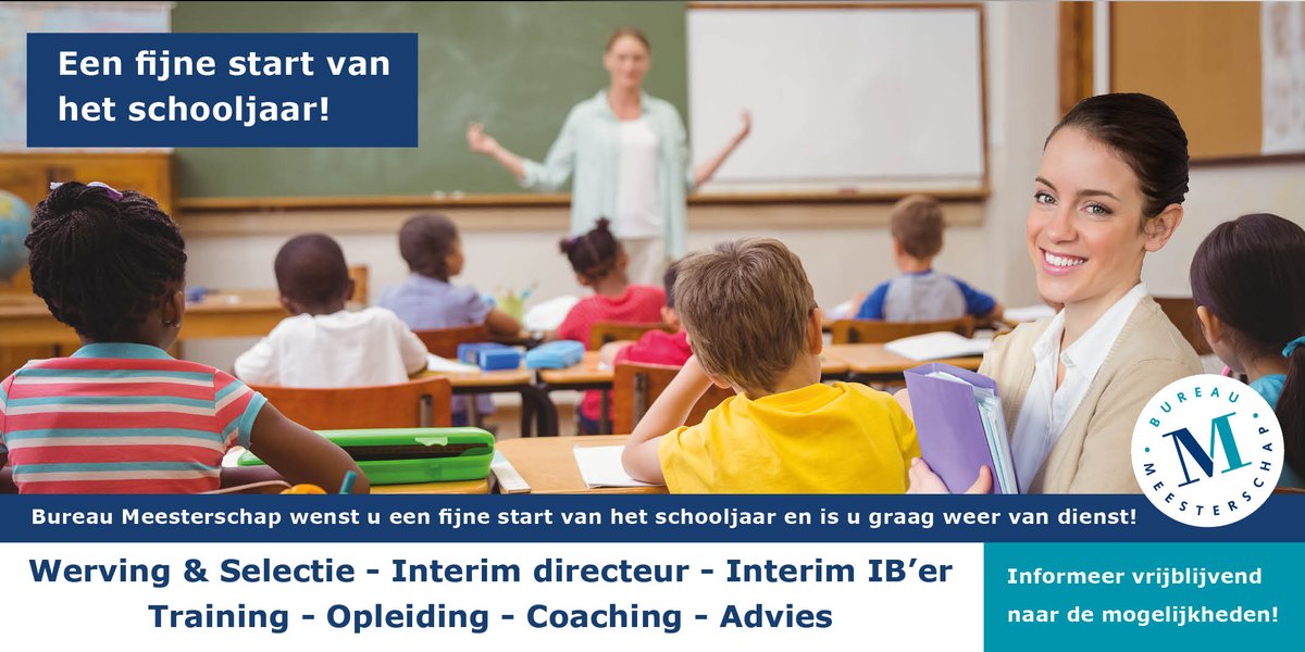 Mensen maken onderwijs!
Leerlingen verdienen een competente leraar. 
Teamleden verdienen een goede directeur en een bekwaam Intern Begeleider. 

Wij zijn u graag van dienst; 
Werving &amp; selectie- Interim- training -opleiding, coaching en -advies.

www.bureaumeesterschap.n/