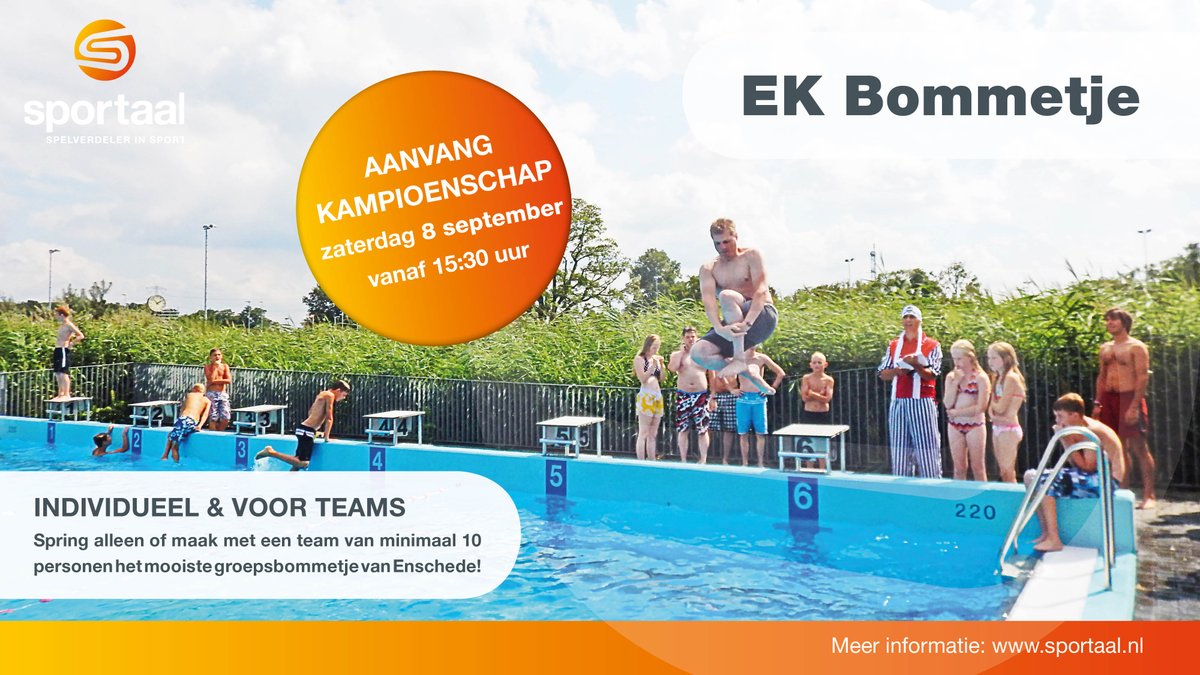 Op zaterdag 8 september kun je weer meedoen aan het EK Bommetje in het Aquadrome. Spring alleen of maak met een team van minimaal 10 personen het mooiste groepsbommetje van Enschede! Een jury beoordeeld alle bommetjes en de winnaars mogen naar huis met mooie prijzen! 🏆