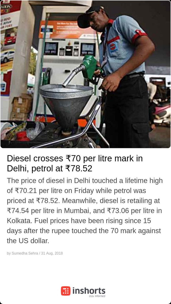 Diesel crosses ₹70 per litre mark in Delhi, petrol at ₹78.52 Stay Informed with Inshorts, India’s Highest Rated News app!