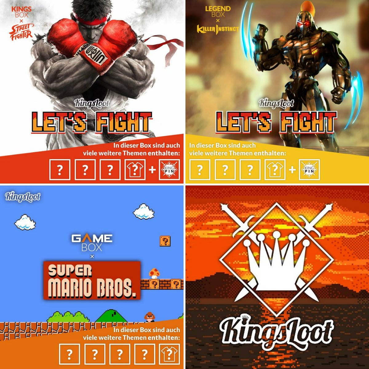 KingsLootDE's tweet photo. Letzte Chance, um euch die @KingsLootDE #KingsBox & #LegendBox u.a. mit Items von #Streetfighter & #KillerInstinct zum Thema #LetsFight zu erbeuten! Dies gilt auch für die #GameBox mit Items zu #SuperMario!
> NUR auf https://t.co/gn7vGMaUTU
#KingsLoot #ShirtBox #BlockbusterBox https://t.co/tb72TwZk4c
