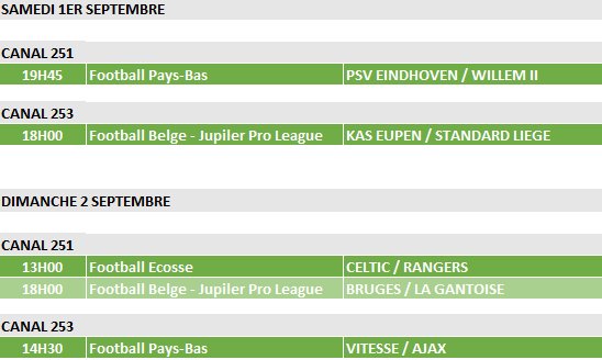 InfoAbonneCanal's tweet photo. ⚽ MULTISPORTS : voici le calendrier des matchs du week-end sur FOOT+ ! #footplus #Eredivisie #JupilerProLeague #ScottishPremiership https://t.co/iEQNG6nuP0