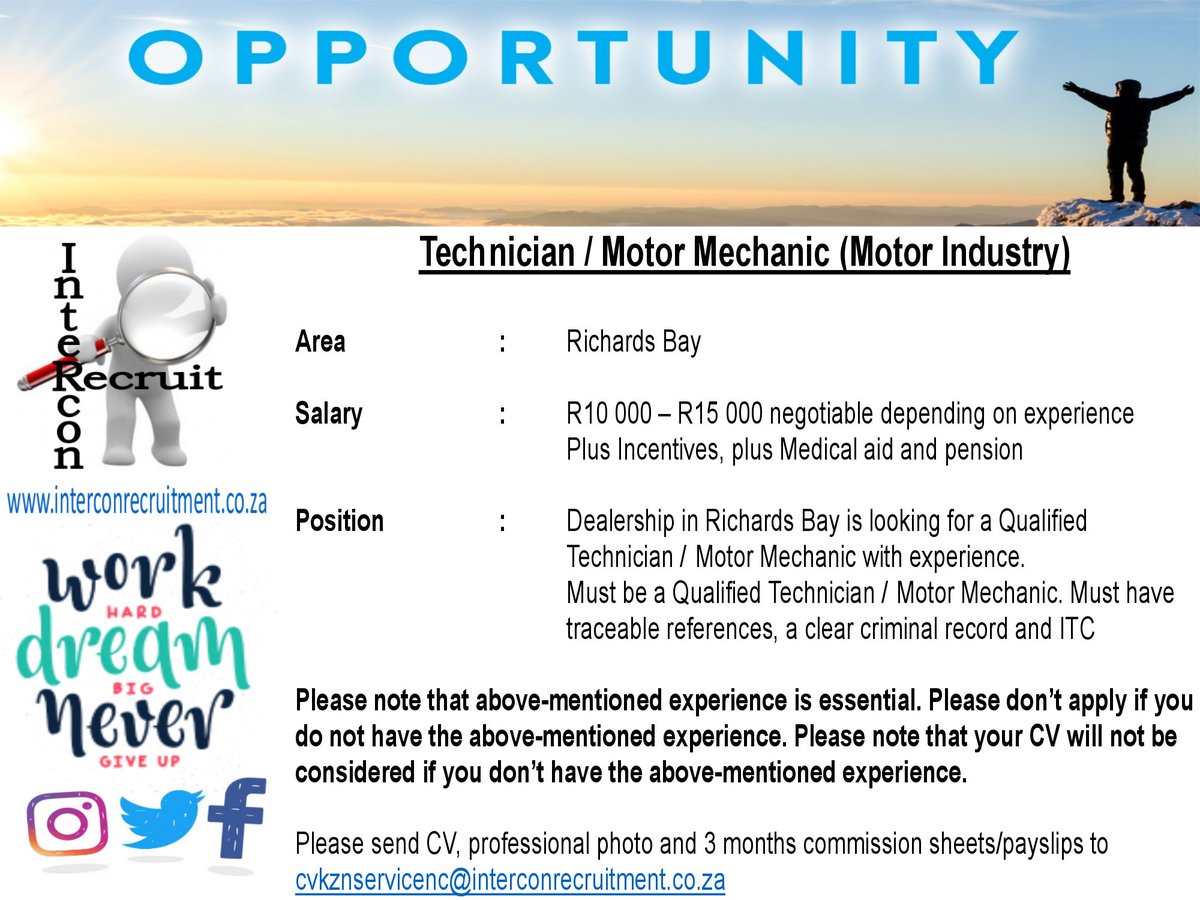 InterconEmploy's tweet image. #MotorIndustry
#PartSales #ServiceAdvisor #Technician #Mechanic
#KZN