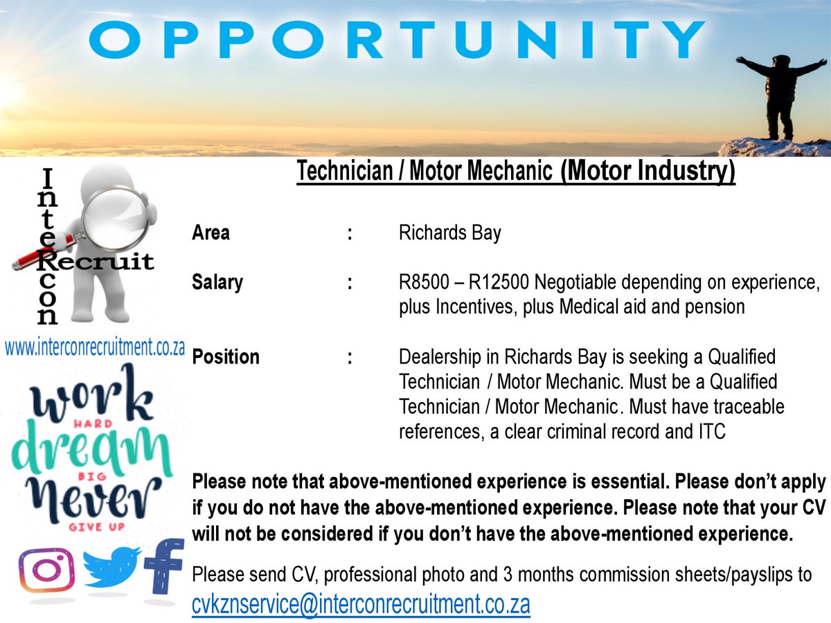 InterconEmploy's tweet image. #MotorIndustry
#PartSales #ServiceAdvisor #Technician #Mechanic
#KZN
