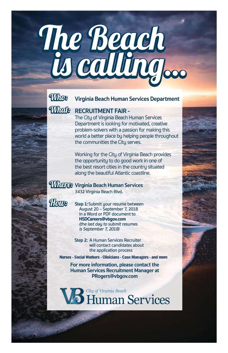 VB_HumanService's tweet photo. @HR_Show Are you looking for a new job?  Know someone that is looking?  The Beach is Calling.....You still have time to get that resume in  to HSDCareers@vbgov.com https://t.co/xZplCuQcjz