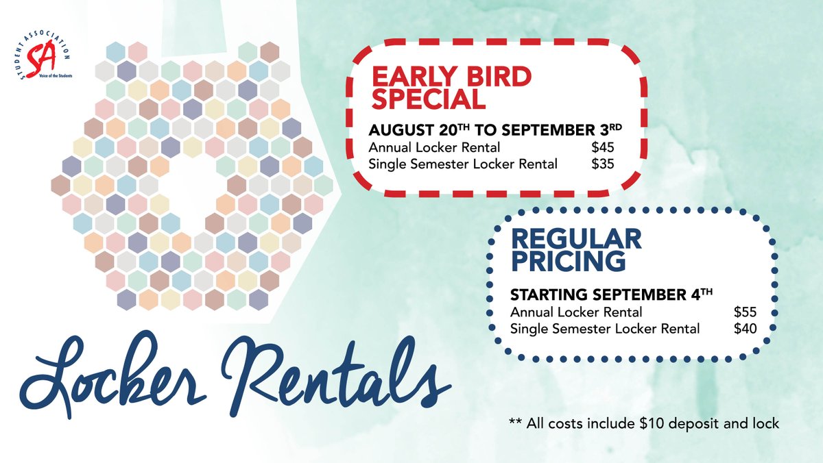 It's the last weekend to take advantage of the early bird special SLC! Come on up to the Student Association to get purchase your locker before our regular pricing takes effect on September 4th.