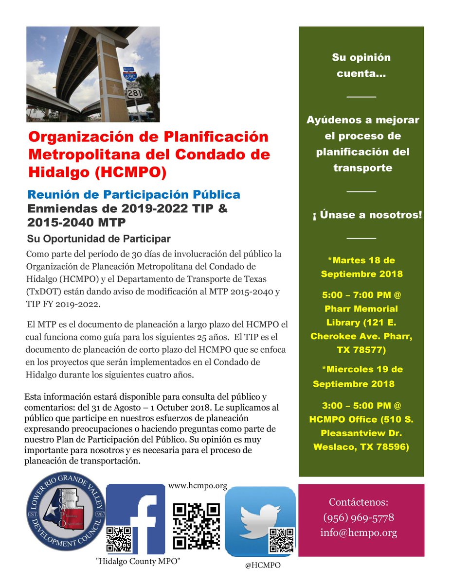 Your Opportunity to Get Involved 
2015-2040 MTP Public involvement starts today August 31st – October 1st, 2018. See Flyers for more info