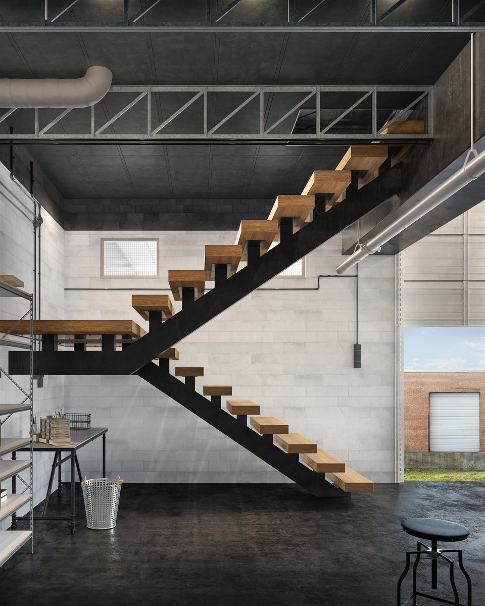 Beautiful stairs render for this warehouse is done by our team creating complete project by architectural plans provided from client. 

Have a project like this, contact us to: 
office@darkdesignstudio.com