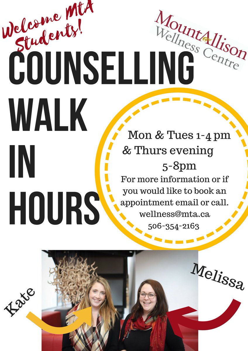 The counsellors are currently booking appointment for next week! 

Reminder: Walk-in counselling will begin on Tuesday September 4th from 1:00-4:00pm. &amp; Thursday evening walk-ins from 5:00-8:00pm on September 6th!