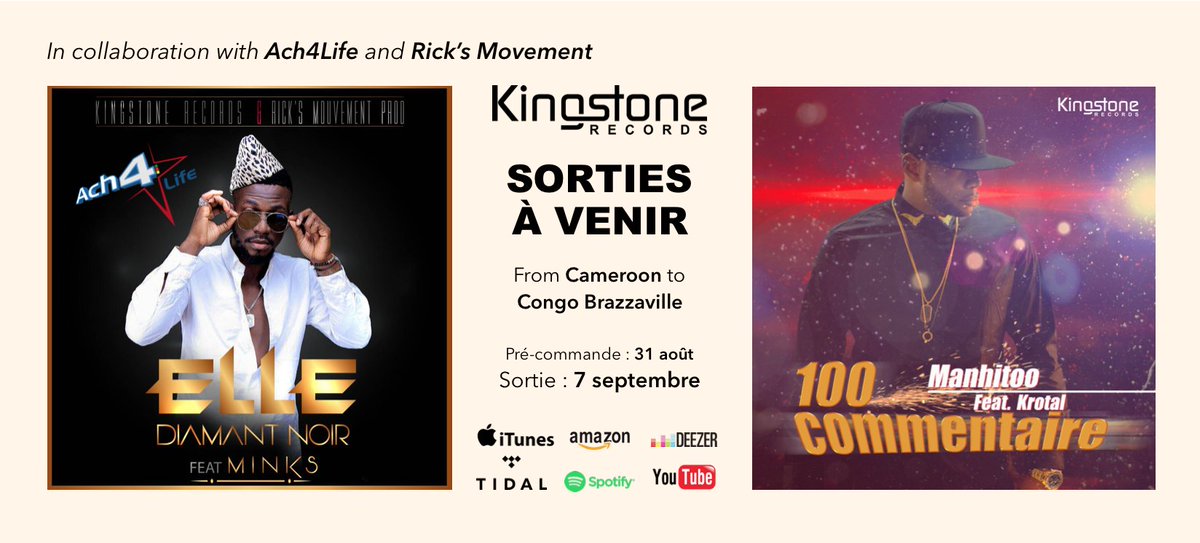 KingstoneRecord's tweet photo. Nous vous dévoilons les nouveaux singles de nos deux artistes Diamant Noir et @Manhitoo! Écoutez et pré-commandez les singles à venir #Manhitoo feat. #Krotal et #DiamantNoir feat. #Minks #AfricanMusic #100commentaire #Elle https://t.co/ntmMo1brau