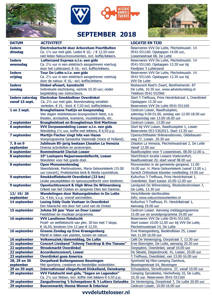 September boordevol met activiteiten in #Losser: o.a. <a href="/BrueghelLosser/">BruegheliaansFestijn</a>, <a href="/OpenMonumentdag/">VriendenLoterij Open Monumentendag</a>, Smokkelfietstocht <a href="/Trefhuus/">Kulturhus Overdinkel</a>, Landleven fietstocht, Johma 50 jaar, Openluchtconcert @WilmersbergNL  Dorpsfeest Beuningen <a href="/BeuningenDR/">Dorpsraad Beuningen (ov)</a> kanotocht <a href="/1adventureking/">Adventure King</a> <a href="/MartijnFischer_/">Martijn Fischer</a> bij <a href="/oltlosser/">Openluchttheater Brilmansdennen in Losser (Twente)</a>