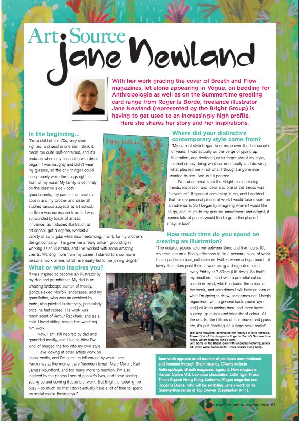 BrightLicensing's tweet photo. Bright artist superstar @janenewland enjoys a full-page feature in Sept 2018's edition of @Prog_Greetings : huge thanks to #maxpublishing for such lovely coverage! Read more about Jane's story & inspiration on our blog & view her portfolio online: https://t.co/PwkwPYNYks https://t.co/lC3AVubM8c