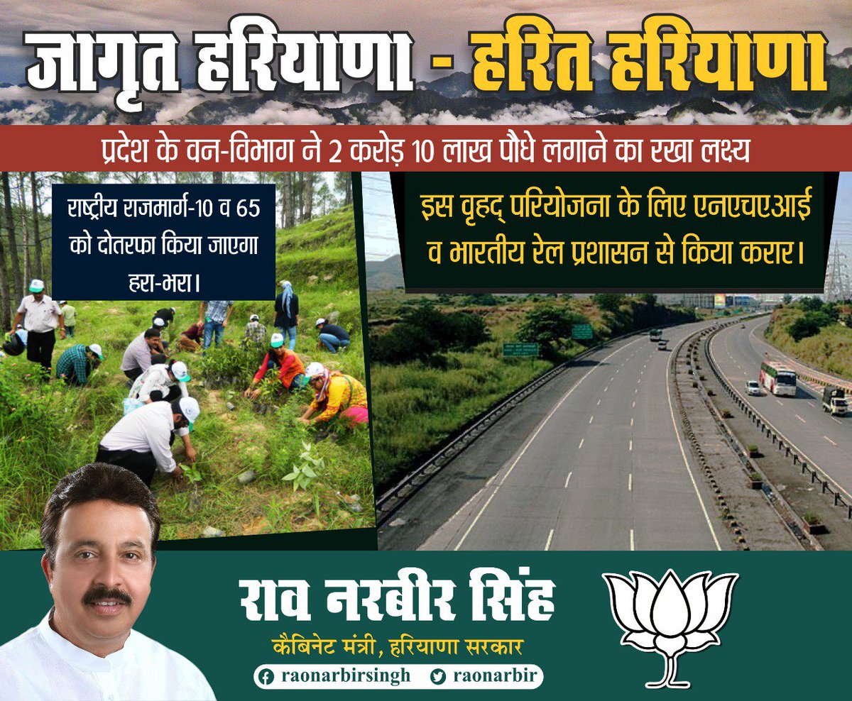 प्रदेश के वन विभाग ने दो करोड़ 10 लाख पौधे लगाने का रखा लक्ष्य. एनएचएआई व भारतीय रेल प्रशासन से किया करार <a href="/mlkhattar/">Manohar Lal</a> <a href="/MORTHIndia/">MORTHINDIA</a> <a href="/RailMinIndia/">Ministry of Railways</a> <a href="/cmohry/">CMO Haryana</a>