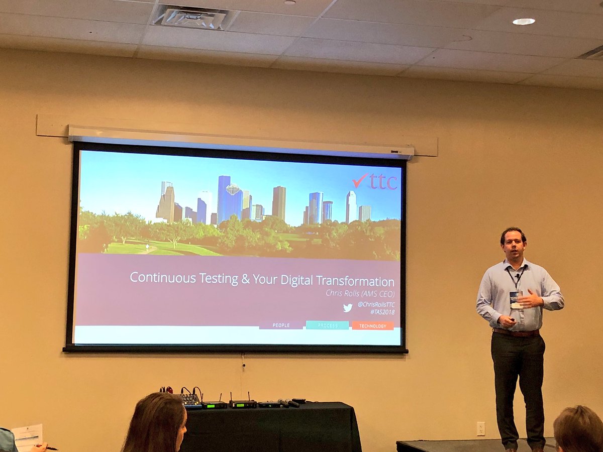 testingmindcon's tweet photo. First presentation of the day by @ChrisRollsTTC @ttc_quality on continuous #testing & #DigitalTransformation at the #Test #Automation & #Digital #QA #summit #TAS18 #Houston #Texas https://t.co/BDuWsb4RWU