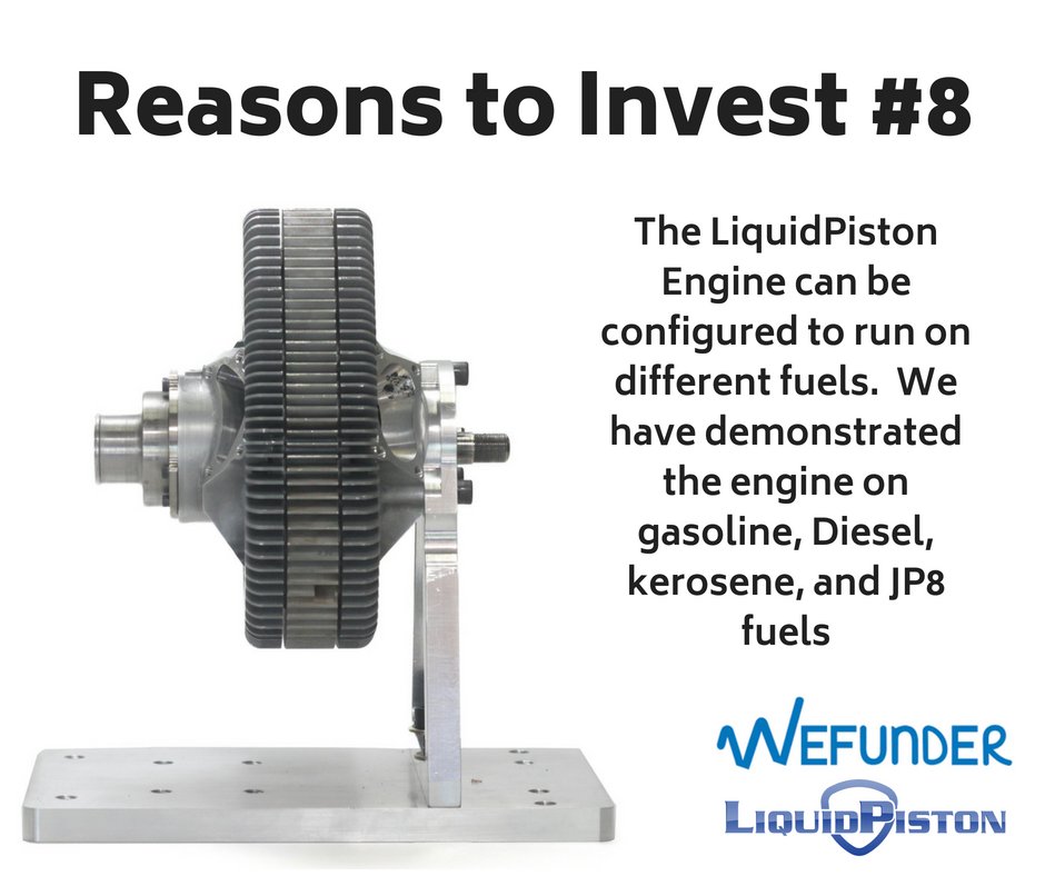 The LiquidPiston #Engine can be configured to run on different fuels. We have demonstrated the engine on #gasoline, #Diesel, #kerosene, and #JP8 fuels Check out our @Wefunder page for more information: bit.ly/InvestLiquidPi…