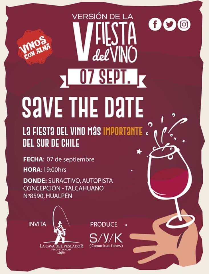 Ya compre mi entrada para #vinosconalma !! la 5ta edicion de la  #fiestadelvino !! Evento que realiza <a href="/cavadelpescador/">guss</a> el 7 de Septiembre en #suractivo #Concepcion .
La recomiendo 100%. Les dejo el afiche.
#wine #wineparty #fiestadelvino #lacavadelpescador #vino #catadevinos