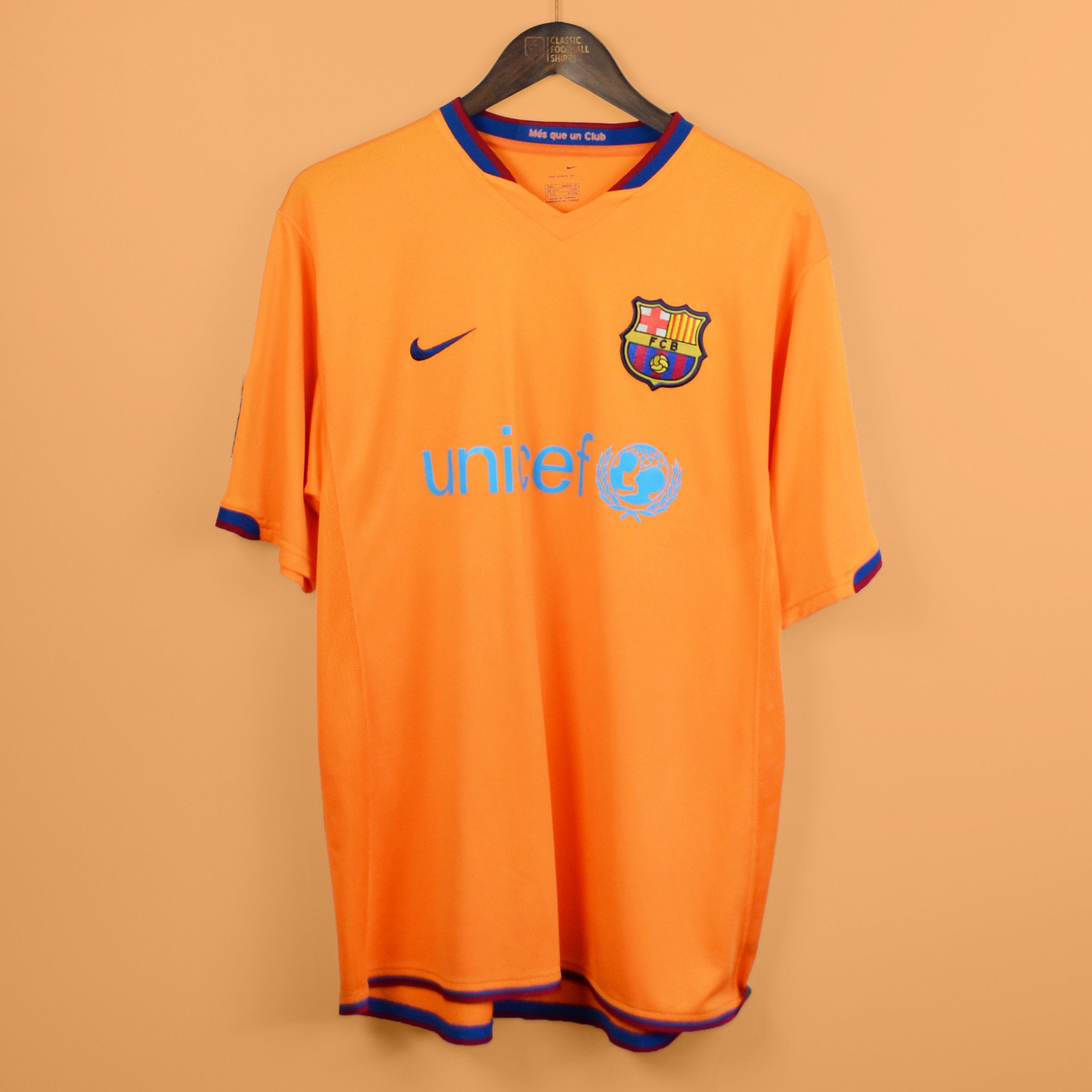 Classic Football Shirts X FCBarcelona in Orange 2006 08 We waited a while to see the next orange shirt. This was the first Barcelona shirt to feature a sponsor. In 2006 07 the