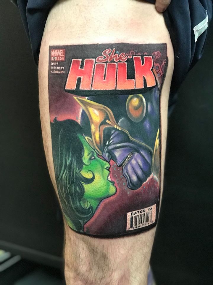 StetheH's tweet photo. Wow. Finally got this beautiful cover from my fave Ladies Comic Series by the outstanding @rob_blythin_tattoo .  Amazing work and She-Hulk herself would be so impressed. Check out his INSTAGRAM. #shehulk #thanos #marvel #tattoo #tattoomodel #stetheh #greghorn #danslott #comicart https://t.co/PKFsKKfn3X