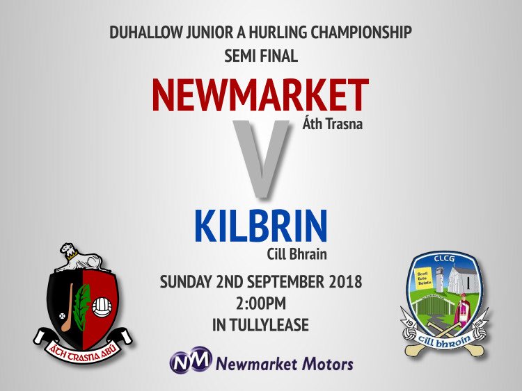 . <a href="/DuhallowGAA/">Duhallow GAA</a> JAHC semi final Newmarket V <a href="/KilbrinGAAClub/">Kilbrin GAA</a> Sunday Sept 2nd at 2PM in <a href="/tullylease_gaa/">Tullylease GAA</a> 

Please support ⚫️🔴