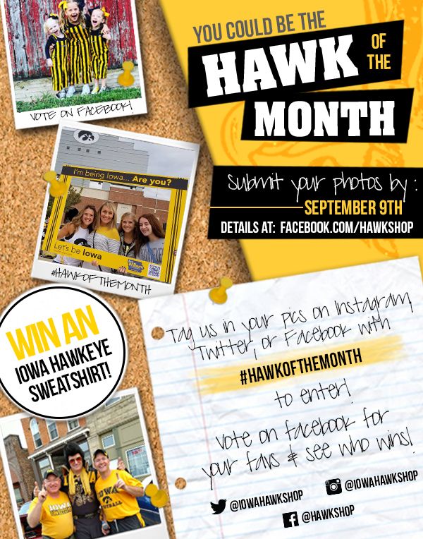 iowahawkshop's tweet photo. It's that time of year! Who wants to be Hawk of the Month and win a FREE Hawkeye sweatshirt?! Post your best Hawkeye Fan pics and it could be you! 🙌💛

#HawkoftheMonth #IowaHawkShop #GoHawks https://t.co/KCw6hCba4N