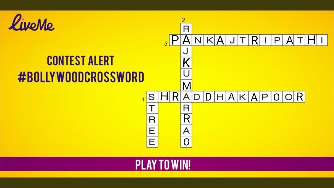 @LivemeIndia @BollyQuizSpice @bollywood_life @contests @ETCBollywood @Contest_in @ContestsInIndia @india4contests @Contest_Alert @india_contests @India4contest 👉 1. Shraddha Kapoor

👉 2. Rajkumar Rao

👉 3. Pankaj Tripathi

#BollywoodCrossword 
#LiveMe
#Stree

@RahulBha7 @Its_Bhagyashree @auk_sanejourno @iamadilkhanz
@KUNJ_16  @ar_oo9 @rahul286
@AllenViks @RRasyani @abizz_shaikh