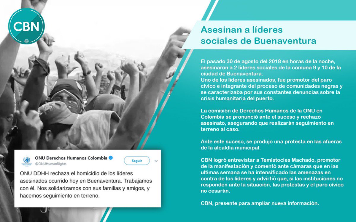 CBN10664840's tweet photo. CBN amplía información del asesinato de los dos líderes en la ciudad de Buenaventura .
#CBN #planpazcifico https://t.co/6fxJmouJRM
