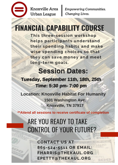 KnoxUrbanLeague's tweet photo. Financial Capability Course | Empowering you for the future! Register today at 865-524-5511. https://t.co/mxau5TC8ZL