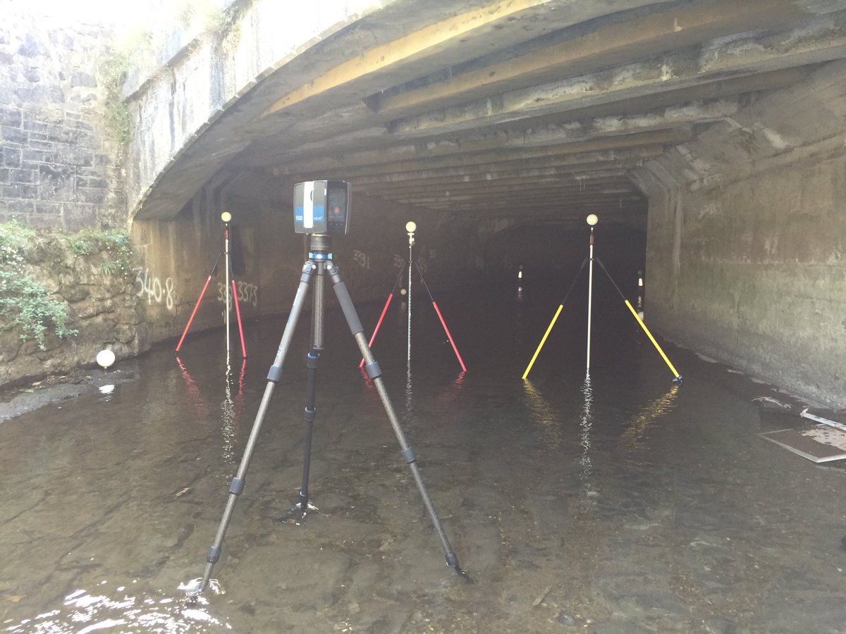 500m of culverted watercourse under a major town; static laser scanned, georeferenced with bed measurements, 1 day. No problem.