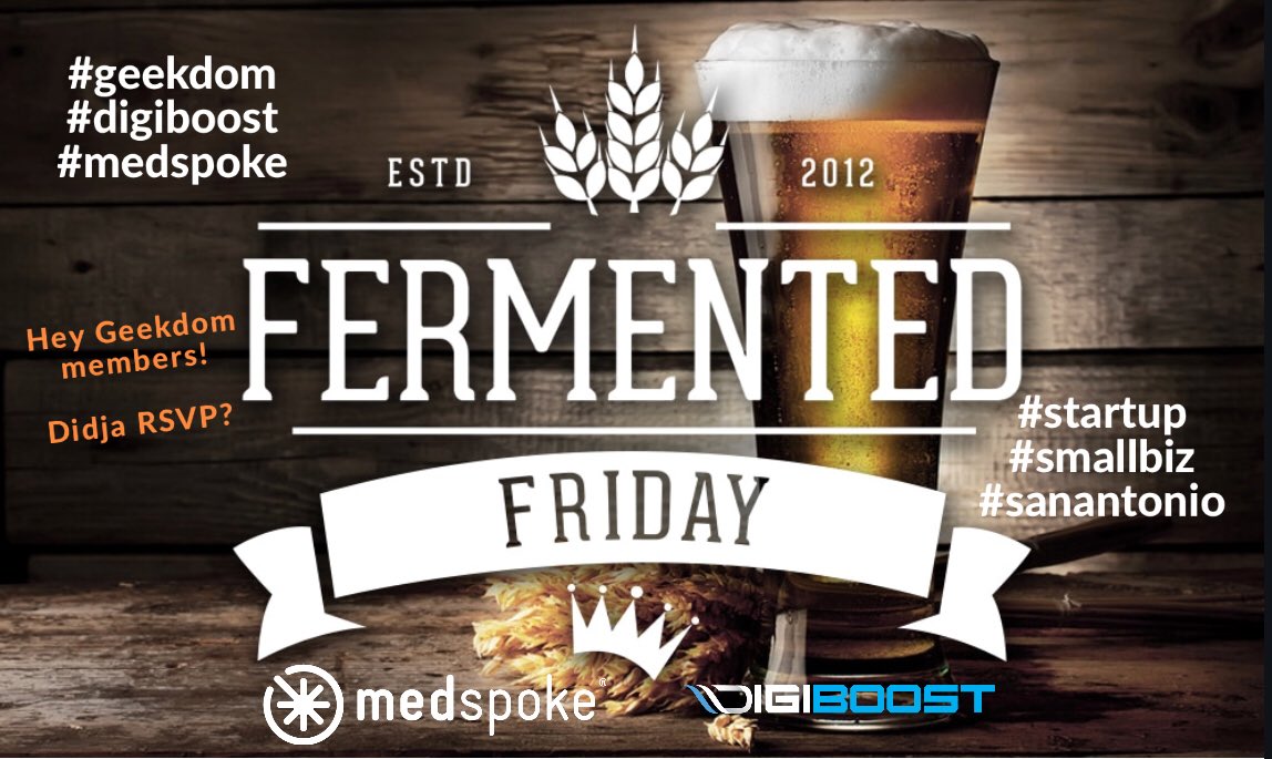 SATXdelaney's tweet photo. Heya @geekdom friends! It’s #fermentedfriday featuring @foundersbrewing!! Join @medspoke and @digiboostllc for #ale and #alliteration this evening from 4-7pm. 🍻 #tonight #friday #downtown #sanantonio #techbloc #startup #smallbiz #medspoke #digiboost #foundersbrewing #craftbeer https://t.co/ZHNyNRsicV