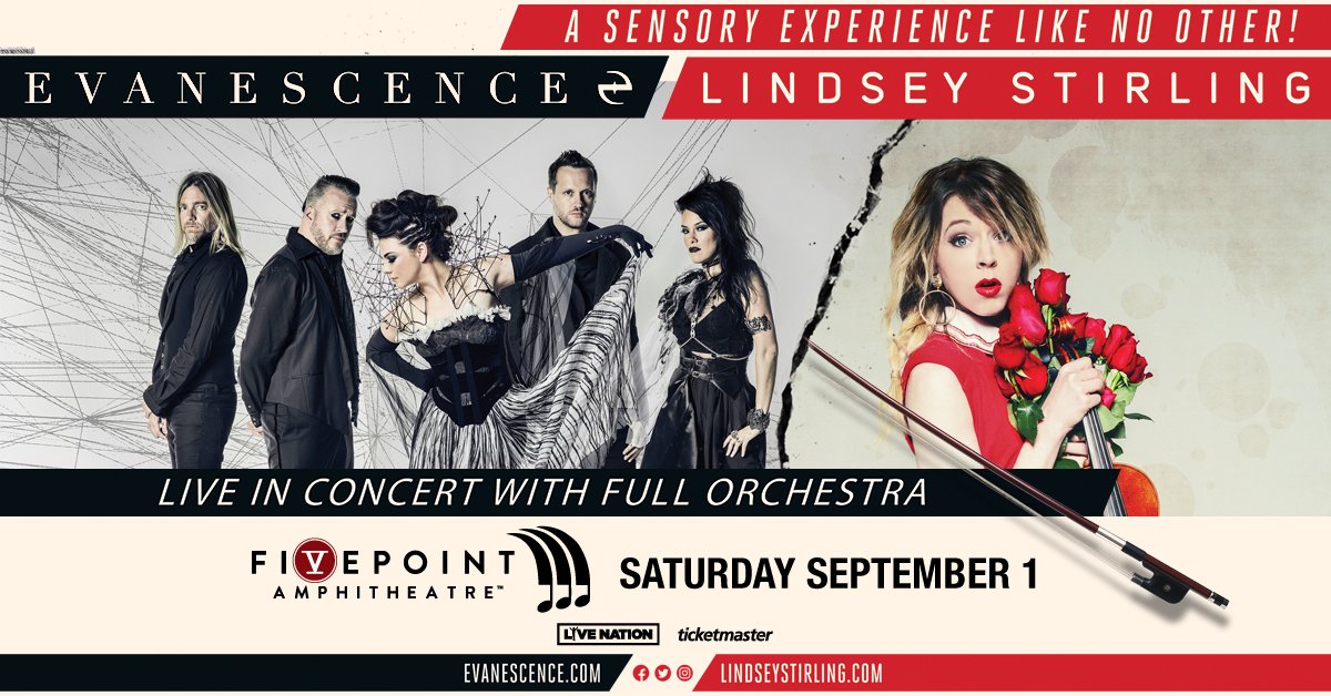 TOMORROW NIGHT - Catch @evanescence & @LindseyStirling live in concert with a full orchestra 🎻🎼🎷
Here are the set times:
5:30PM - VIP Doors 
6:00PM - Main Doors
7:00PM - Cellogram 
8:00PM - Lindsey Stirling 
9:35PM - Evanescence 
*subject to change*