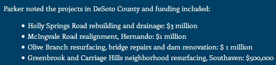 The legislation we worked on in the special session will bring $8.8 million to DeSoto infrastructure projects including $5.5 million in immediate projects. Read more details here: bit.ly/2MCpXH7 #msleg