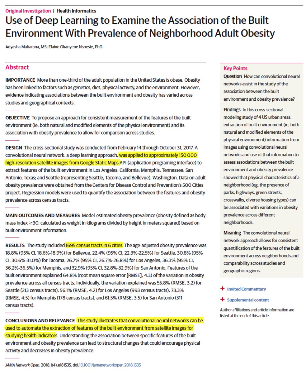 EricTopol's tweet photo. Deep learning #AI of urban satellite images to predict #obesity prevalence https://t.co/hYJa0N3j8E @JAMANetworkOpen #OA by @adyasha10 @ensoesie @IHME_UW https://t.co/0BcwODxGOX
