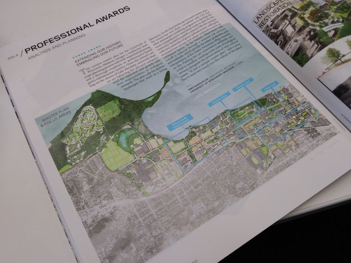 WIASLA's tweet photo. Extra! Extra! Check out @landarchmag p.128 to read about the @UWMadison #CampusMasterPlan , a 2018 @NationalASLA Honor Award recipient!!! // @UWMadisonPlan @UWMadison @SmithGroup @hoerrschaudt @KimleyHorn @AEITweets #ThisIsLandscapeArchitecture #LandscapeArchitecture #WIASLA2018 https://t.co/7ONMjf6BQY