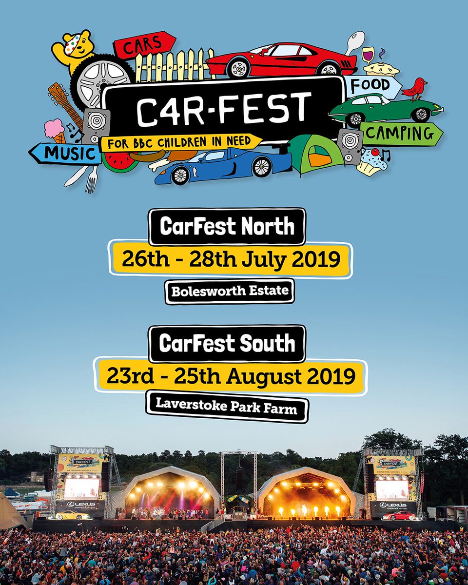 CarFest on Twitter: "BIG NEWS CarFesters! We have some dates for you: CarFest North 2019 - 26th-28th July at Bolesworth Estate CarFest South 2019 - 23rd-25th August at Laverstoke Farm They're