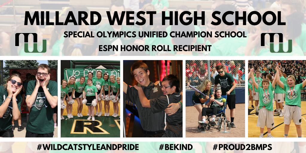 MWUnified's tweet photo. Hey @espn, thanks for recognizing @MWHSWildcats on your Honor Roll as a Unified Champion School. We heard you are looking for 5 schools to present the national banner to. You should come to Omaha and see how Millard West is truly Unified. #wildcatsytleandpride #Bekind #proud2bmps https://t.co/WquYnd94wU
