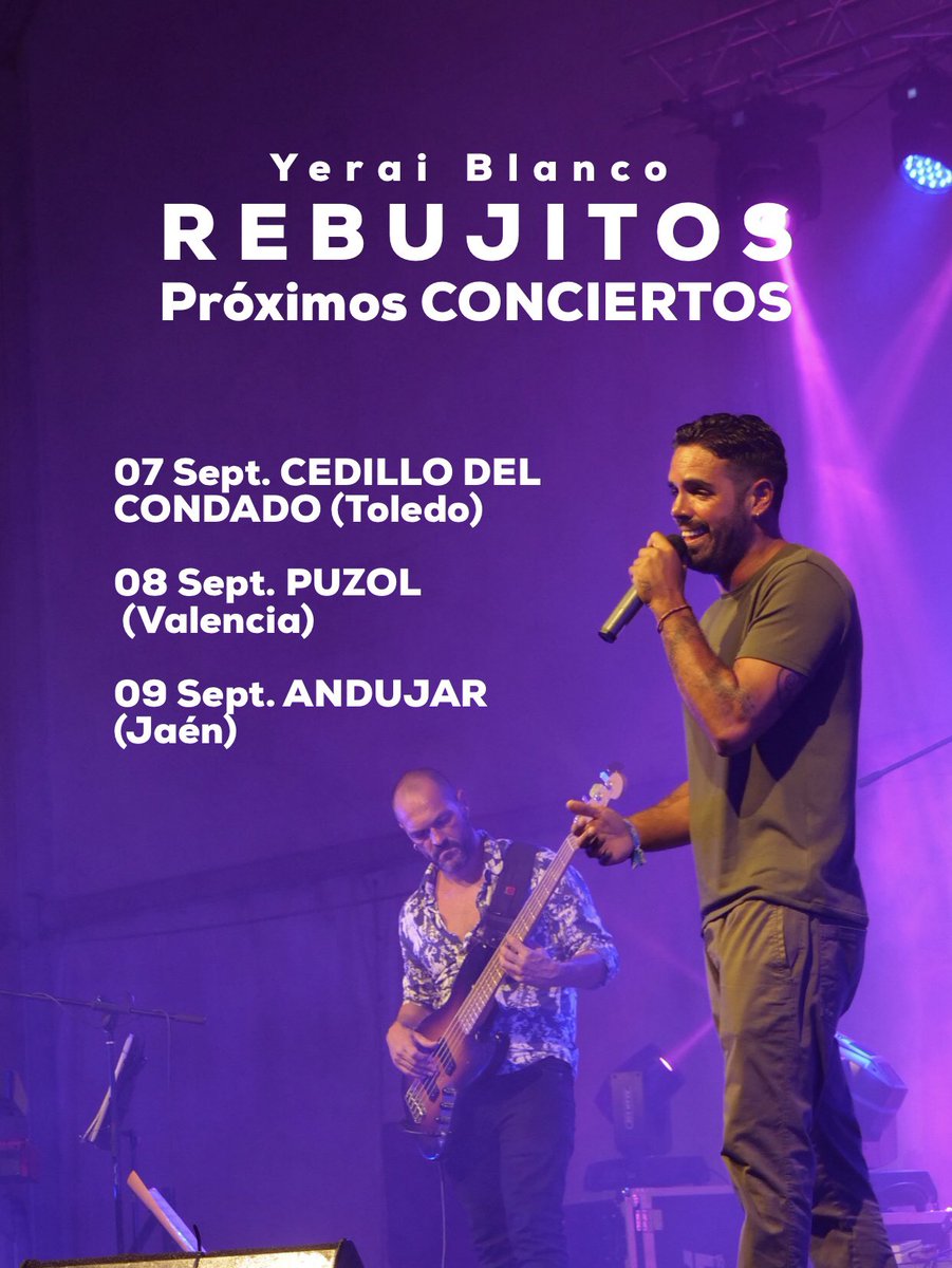 Próximos conciertos!
- 07 Sept. CEDILLO DEL CONDADO (Toledo).
- 08 Sept. PUZOL (Valencia).
- 09 Sept. ANDUJAR (Jaén).