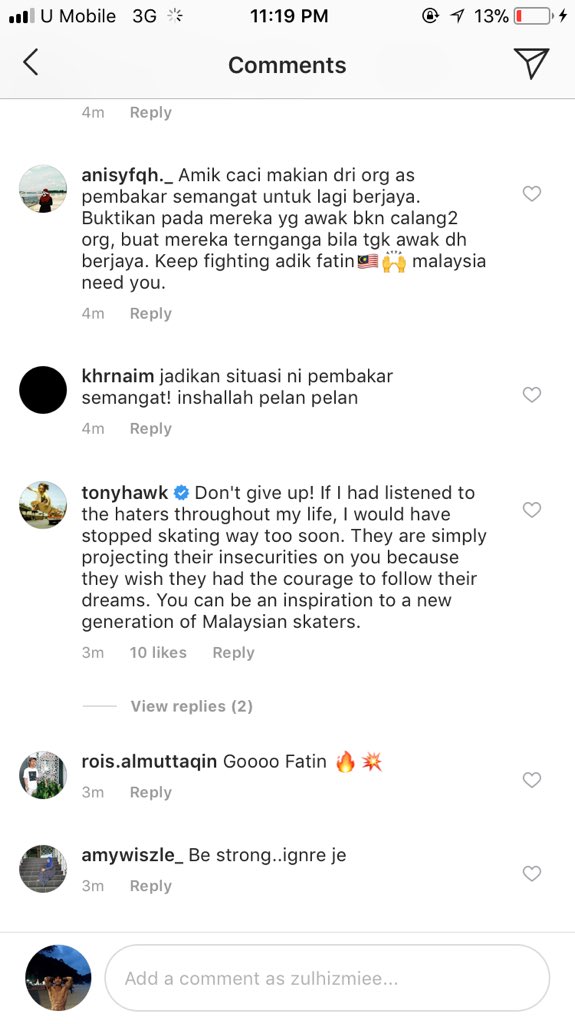 zulhizmieE's tweet photo. Tony Hawk pon support Fatin Syahirah guys 😱 korang yg duk bash dia tu ada ke yang support 🤔 entah entah tony hawk pon tak kenal 😏 jangan cakap dia pelakon hantu kak limah pulak 😂
#FightForFatin 🇲🇾 https://t.co/ZD25h1brXe