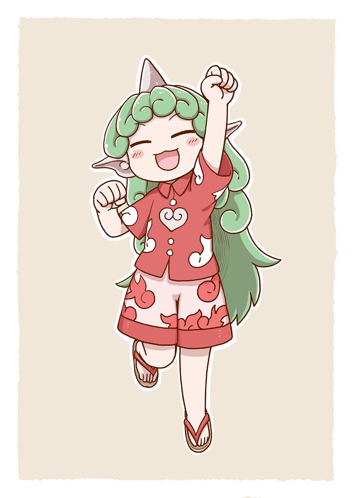 komano aunn 1girl long hair horns single horn solo shorts green hair  illustration images