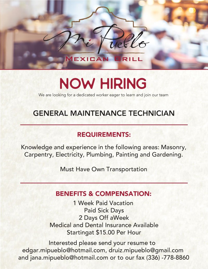 MiPuebloMex's tweet photo. Now Hiring a General Maintenance Technician, see below for details. https://t.co/DflXEFNlyk